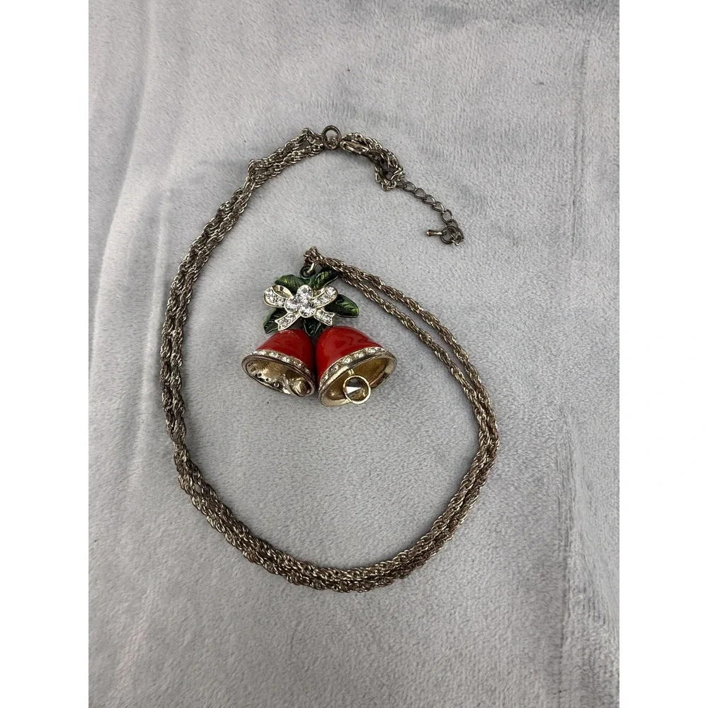 Christmas Bell Necklace Red Enamel Green Leaf‎ Rhinestone Gold Tone 32